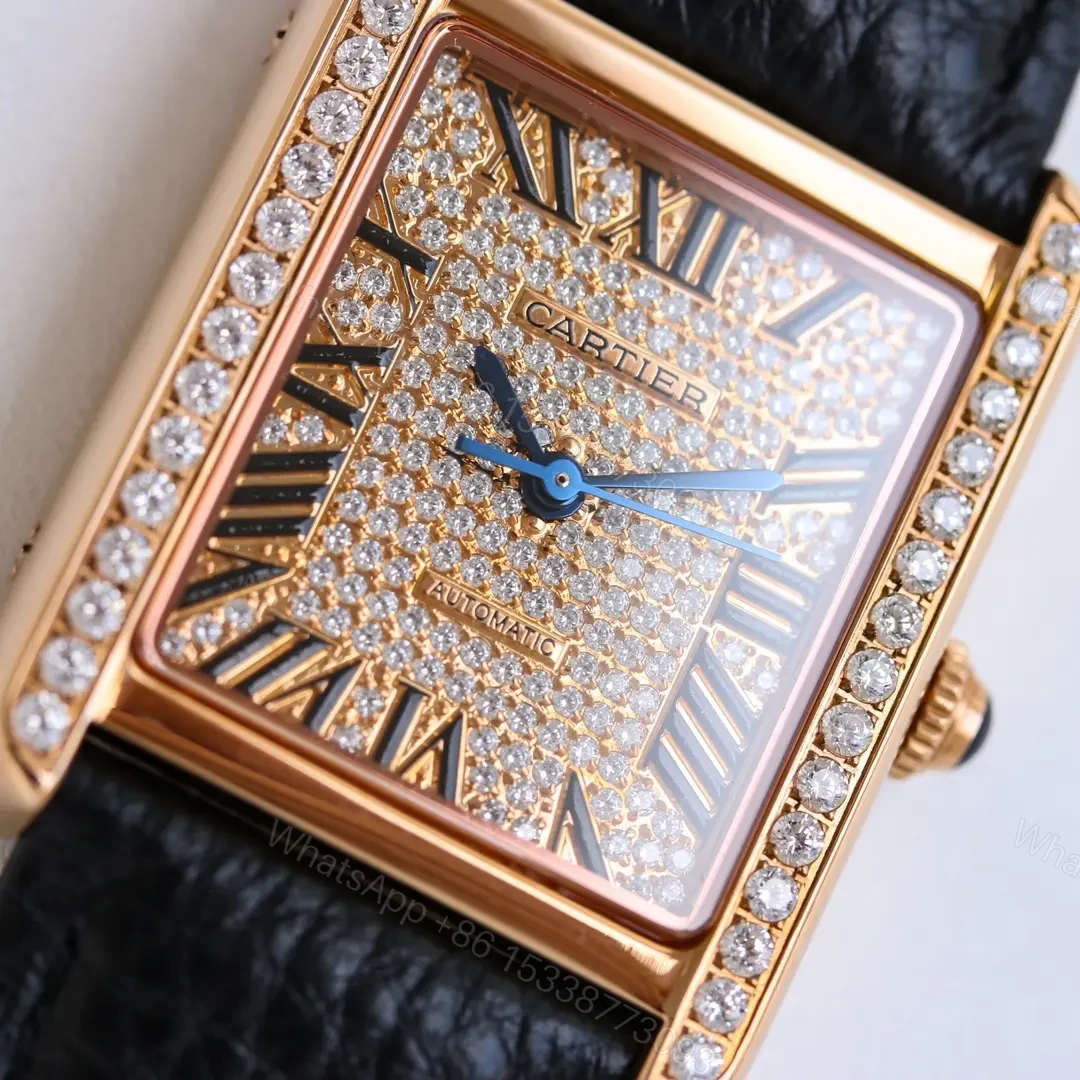 View 8 of KOR Factory Cartier Tank MK3 Women’s Automatic Mechanical Watch – Rose Gold with Diamond Bezel, Black Leather Strap