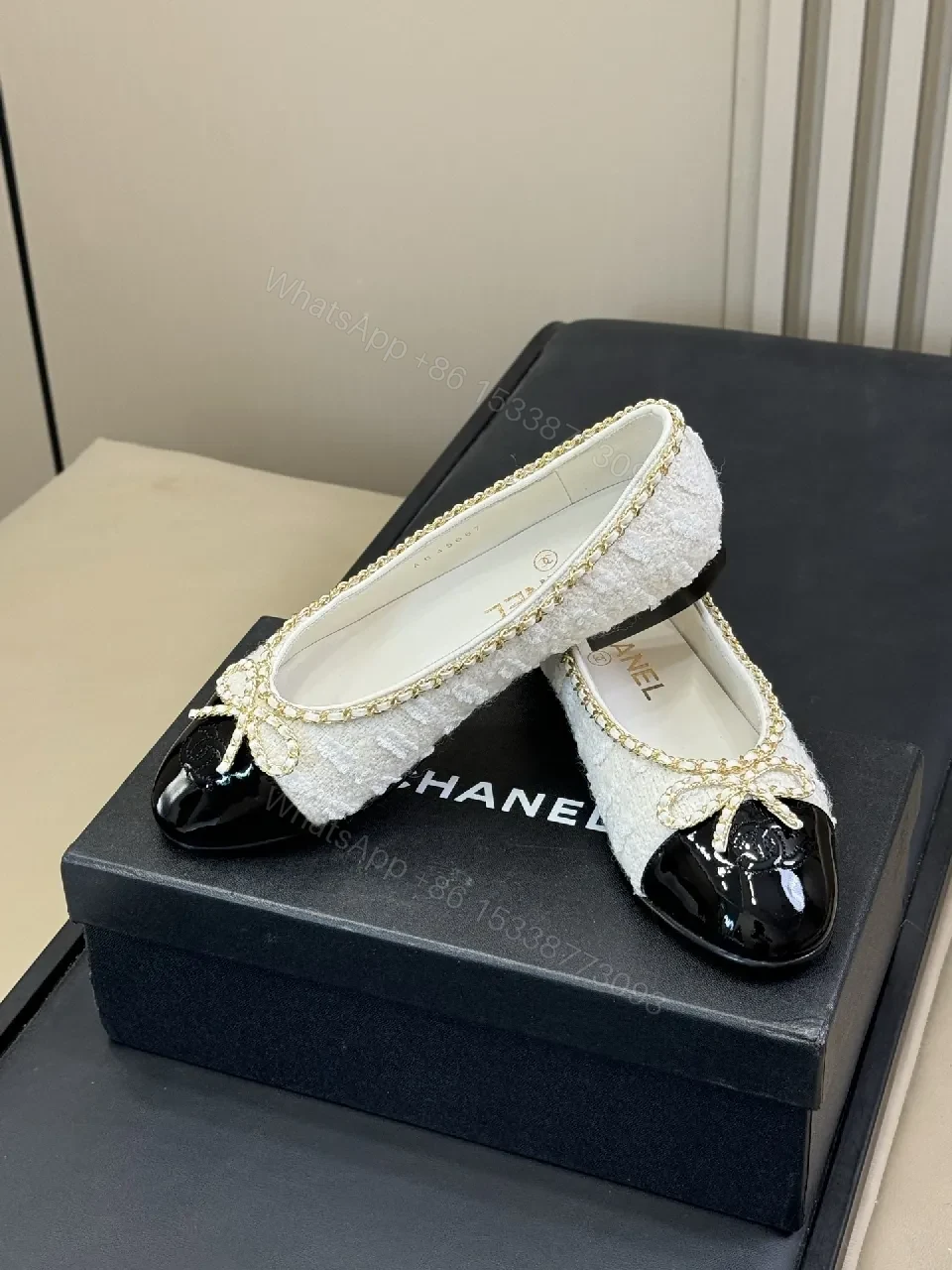 Tweed Flats with Gold Chain Trim - Patent Toe Bowed Comfort — view 1