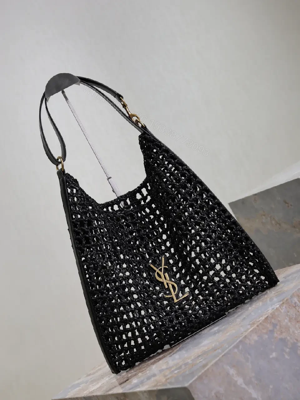 View 9 of Open-Knit Mesh Tote: Black Leather, Gold Monogram, Luxe Style