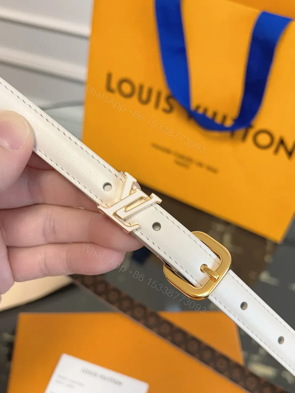 View 5 of Ivory Leather Belt with Gold Hardware – Classic Luxe Belt