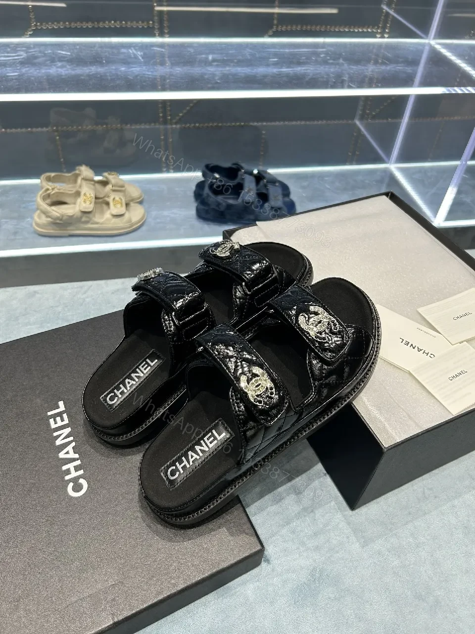 Black Crystal-Accent Sandals with Comfort Footbed, Patent Straps, Versatile Style — view 1