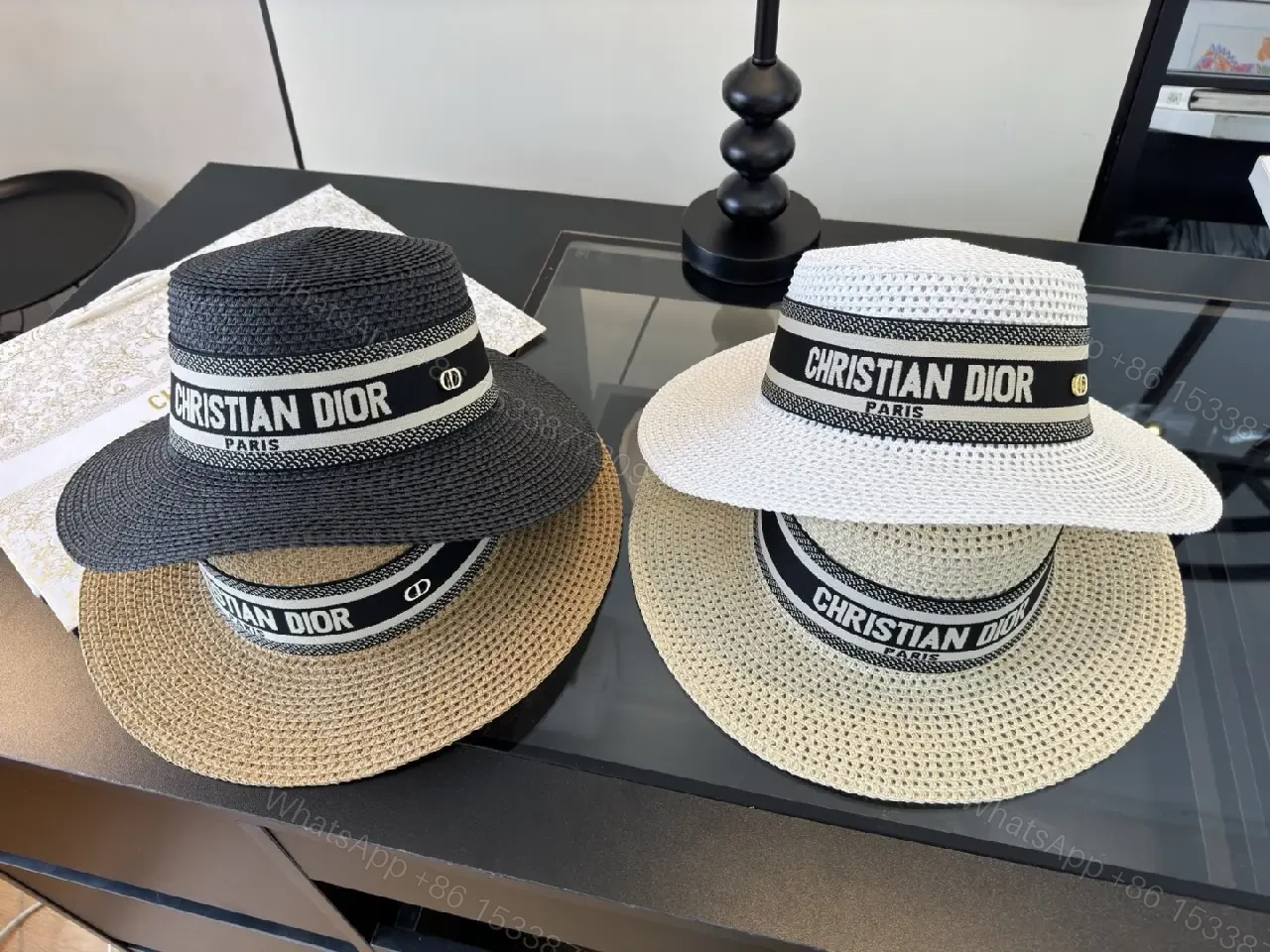 View 10 of Dark Gray/Black Straw Fedora-Round Crown Hat with Dior Ribbon