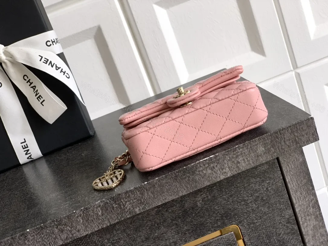 View 9 of Pink Quilted Mini Shoulder Bag - Gold Chain, Heart Charm, Lux Leather
