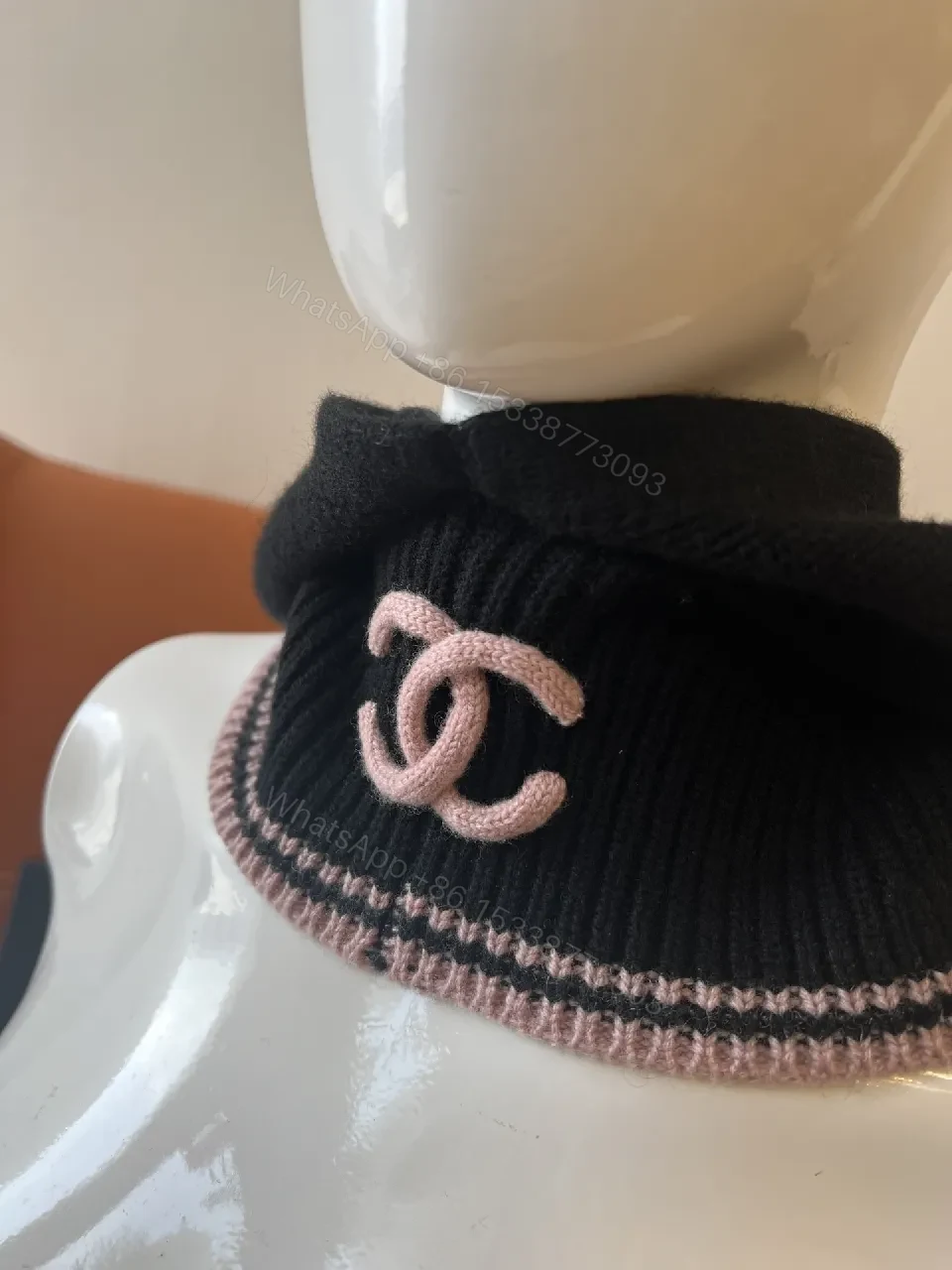 View 4 of Apolline Knit Hood: Black + Pink Trim, Luxe Cozy Style