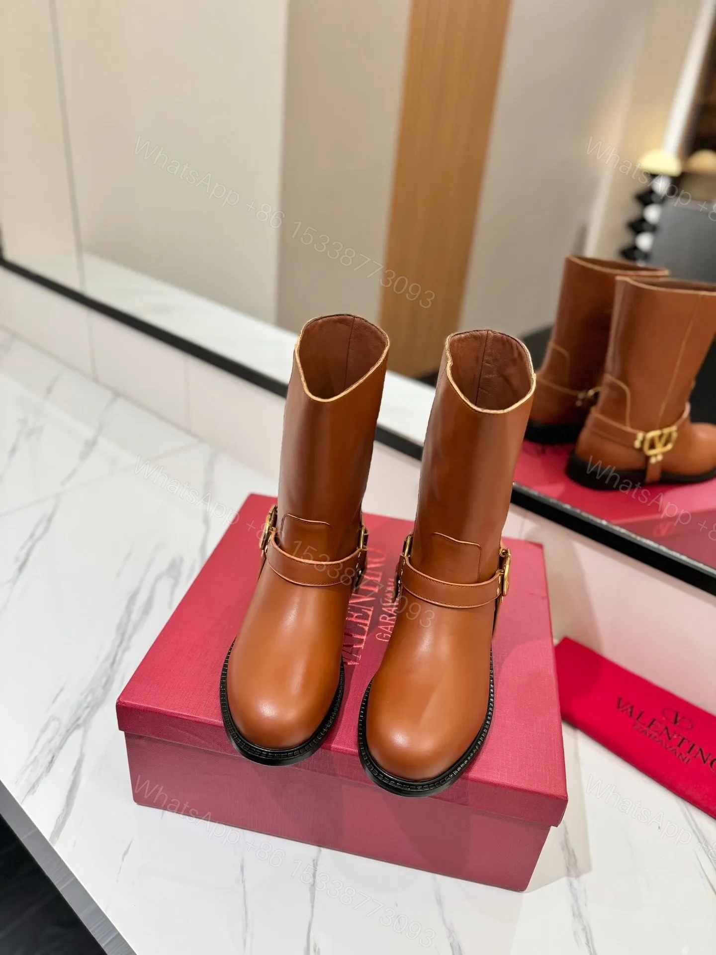 View 4 of Valentino Women Brown Leather Mid-Calf Boots