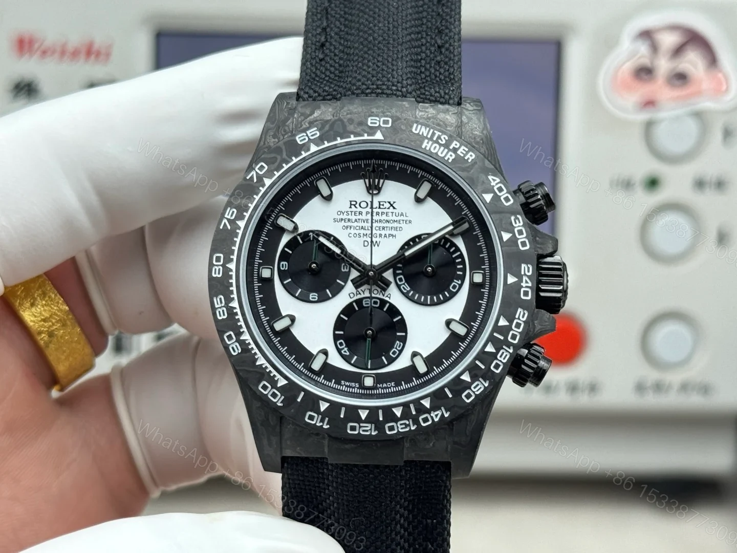 Rolex Daytona Carbon Fiber Panda Replica 40MM Premium Black Fabric Strap R74-PANDA-BLACK — view 1