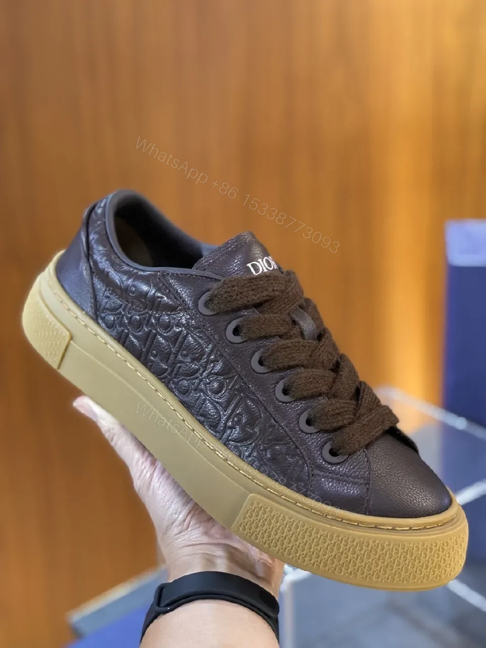 View 3 of Brown Leather Embossed Low-Top Sneakers with Gum Sole
