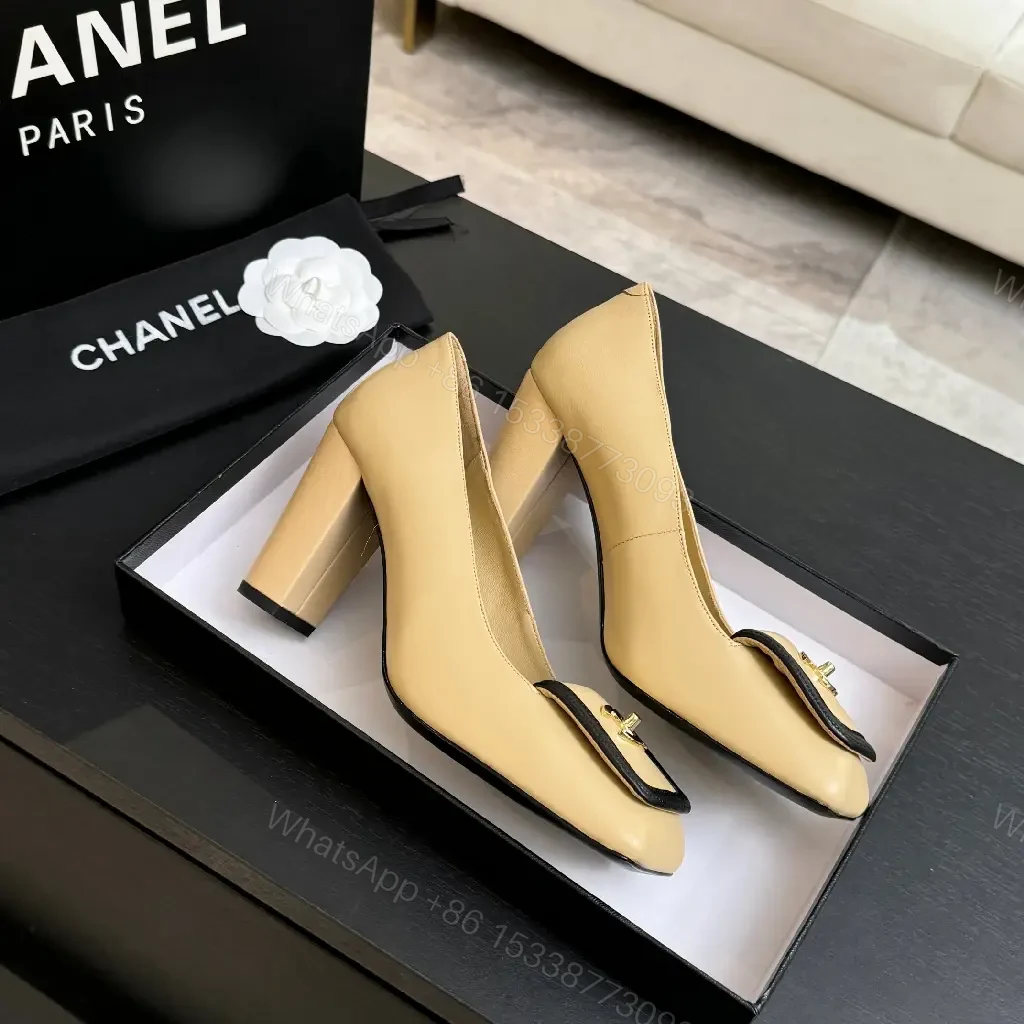 View 8 of Beige Leather Block-Heel Pumps with Hardware Details