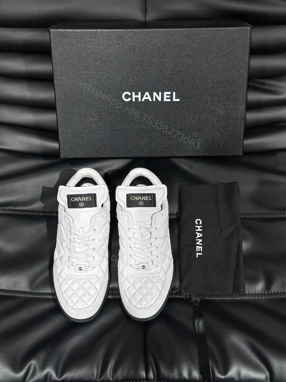 View 4 of White Quilted Low-Top Sneakers with Chanel-Inspired Detail