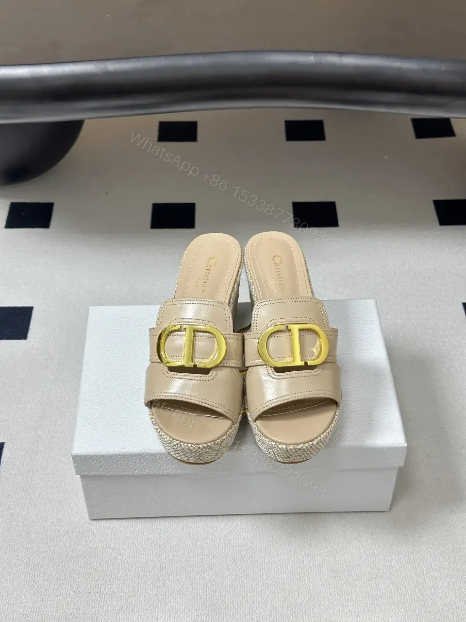 View 7 of Beige Leather Woven Wedge Sandals Dior-Style Gold Buckle Sandal
