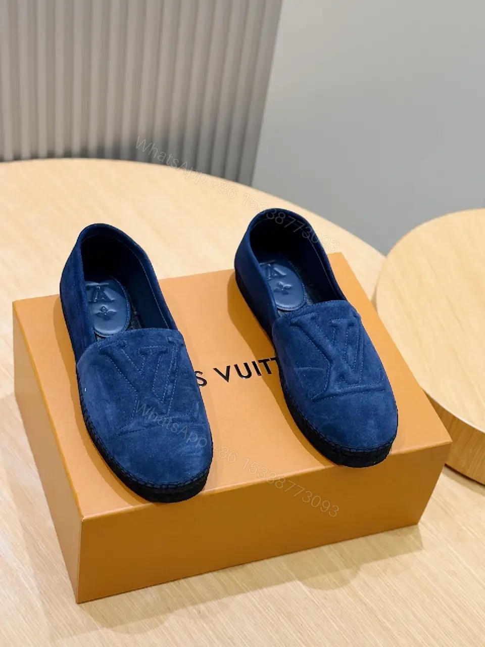 View 2 of Navy Suede LV-Embellished Slip-Ons: Quiet Comfort