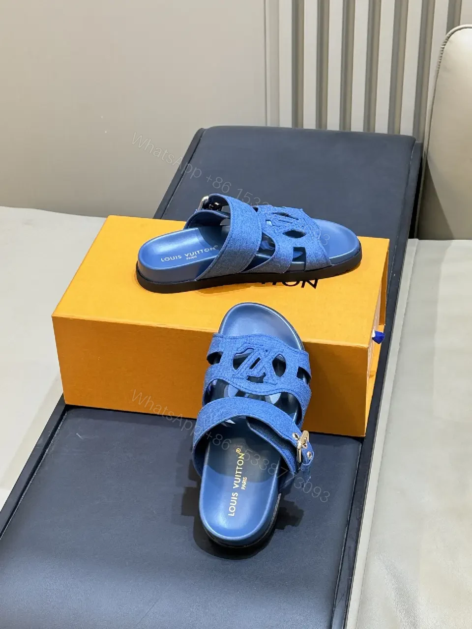 View 6 of Blue Denim Luxury Sandals, Louis Vuitton Style, Open Toe Slides
