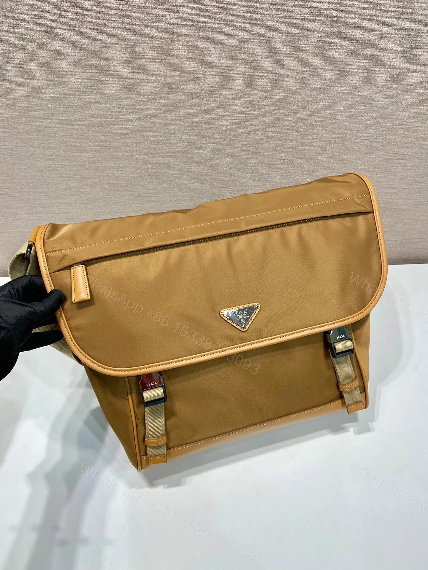 View 2 of LARGE FLAP BAG 30 IN CIDER BROWN RE-NYLON AND CALFSKIN TRIM