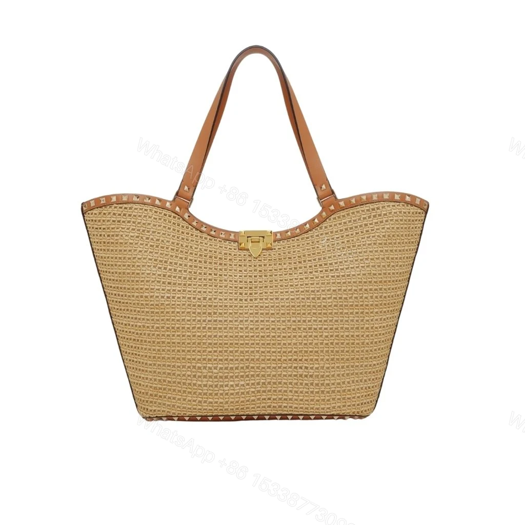 Valentino Garavani Rockstud Raffia Tote Bag Brown 31cm — view 1