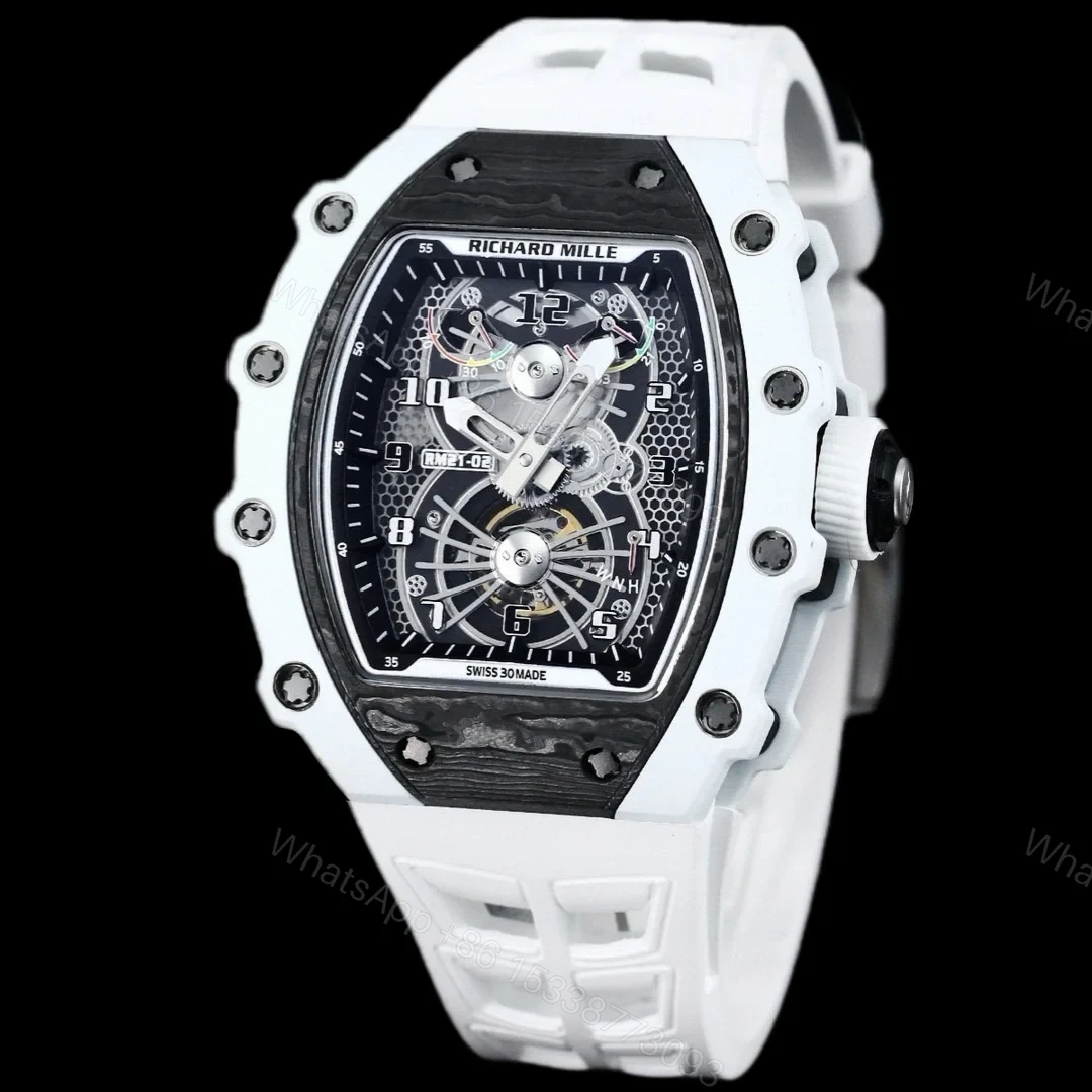 View 2 of Richard Mille RM21-01 Automatic Skeleton Watch 40MM Black Carbon Fiber Case White Bezel White Strap Premium Edition RM-RM21-01-BLK-CARBON-WHT-40