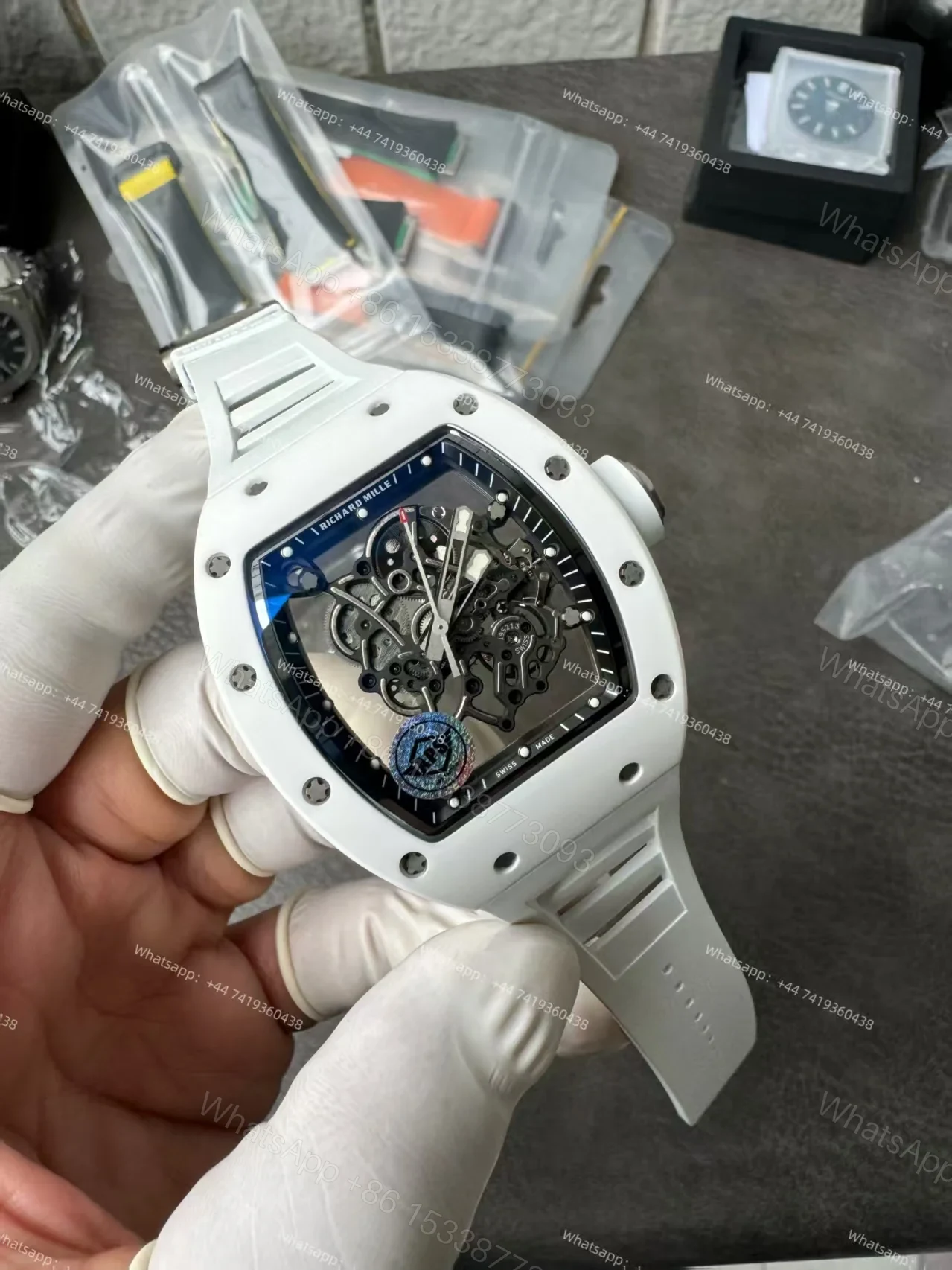 View 6 of Super Clone Richard Mille RM 055 White Ceramic Titanium Skeleton White Rubber Strap 1:1 Replica Watch