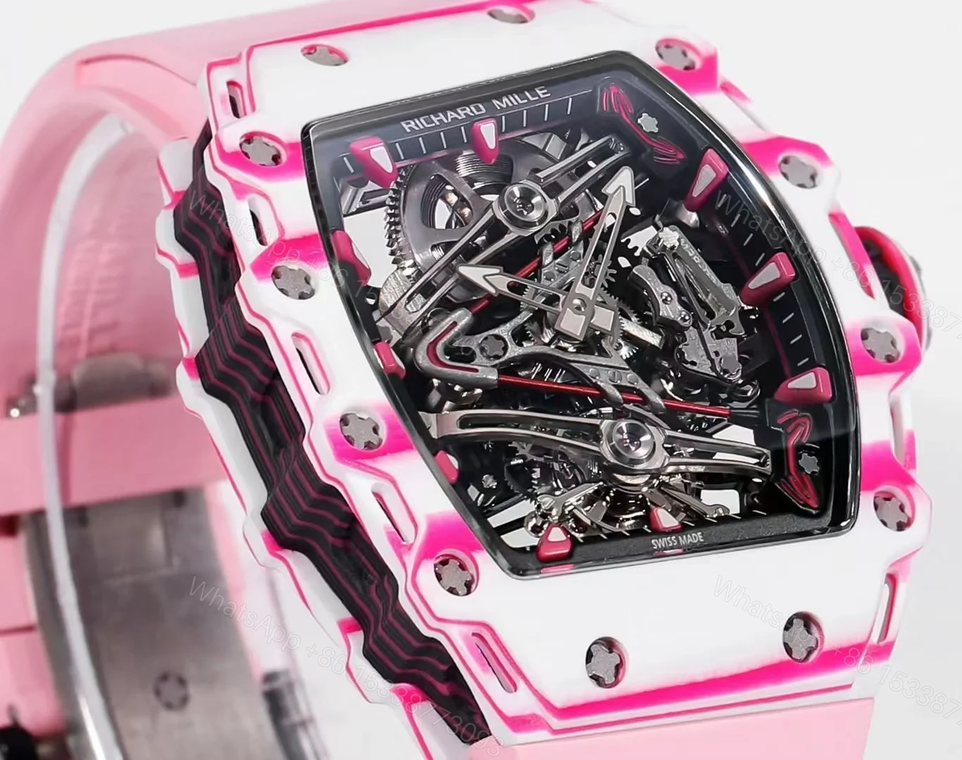 View 5 of Richard Mille RM38-02 Tourbillon Bubba Watson Watch Pink Quartz Carbon Fiber Case Skeleton Dial Manual Winding Tourbillon 10000G Shock Resistant Golf Edition RM38-02-BW-PINK-QCF-GT