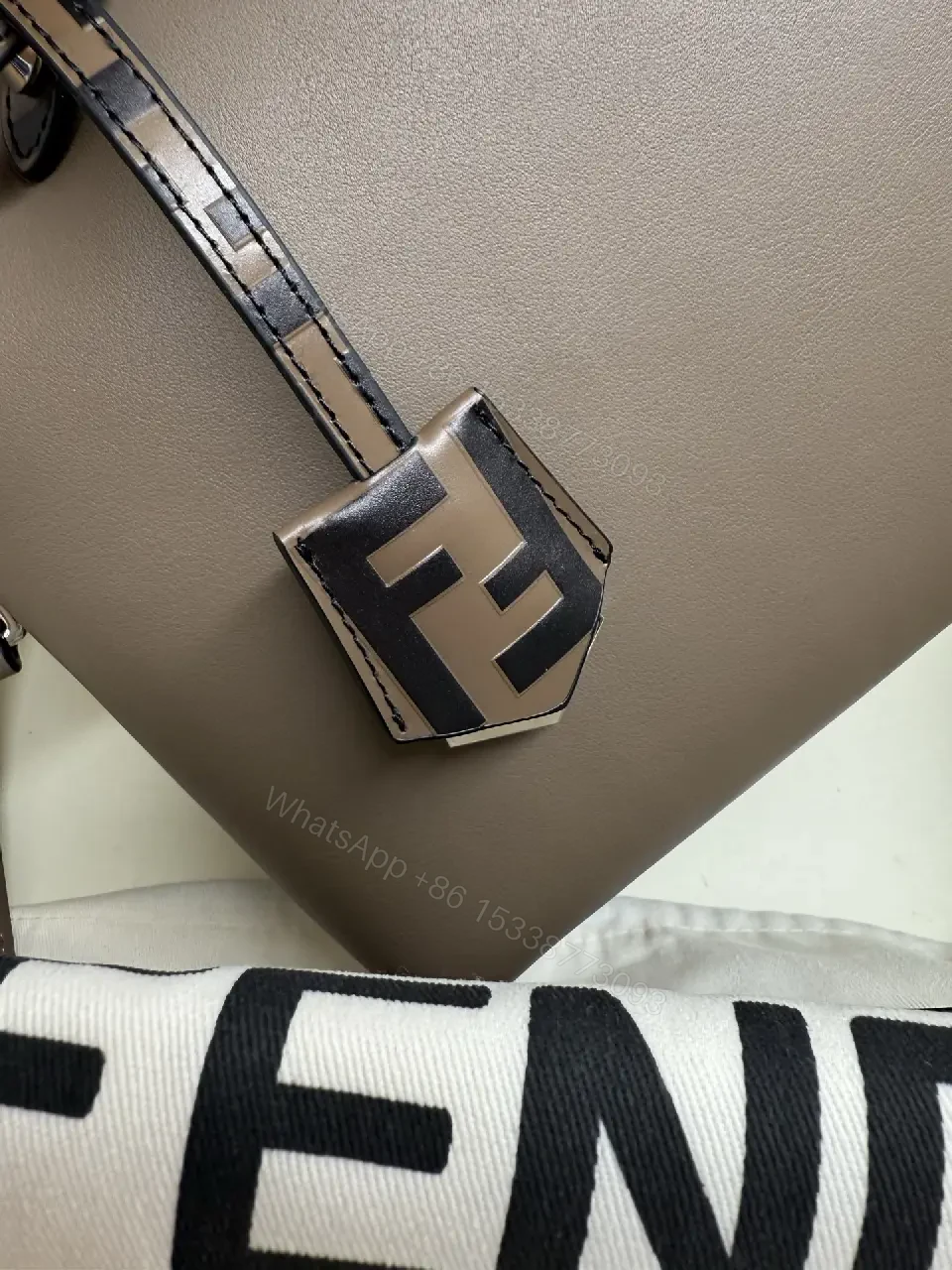 View 10 of Taupe-Gray Leather Handbag: Structured, Fendi Roma Logo Details