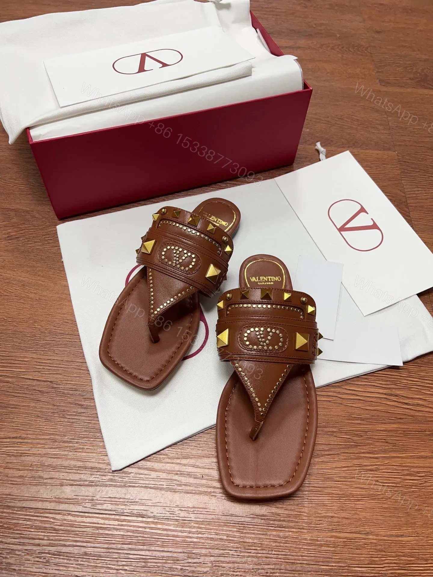 View 4 of Valentino Women Brown Leather Studded Sandals
