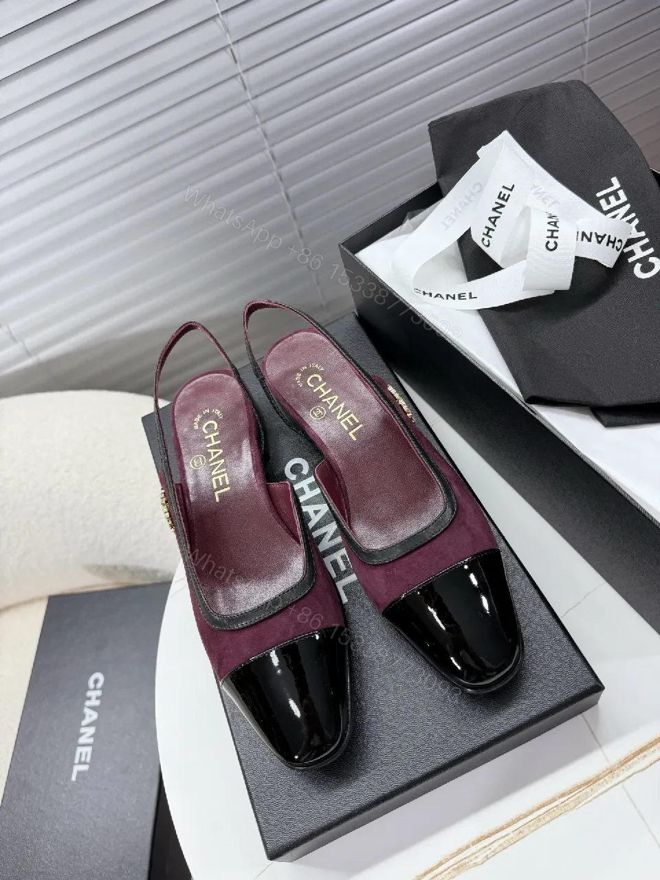 Velvet Burgundy Slingback Mules with Patent Cap Toe — view 1