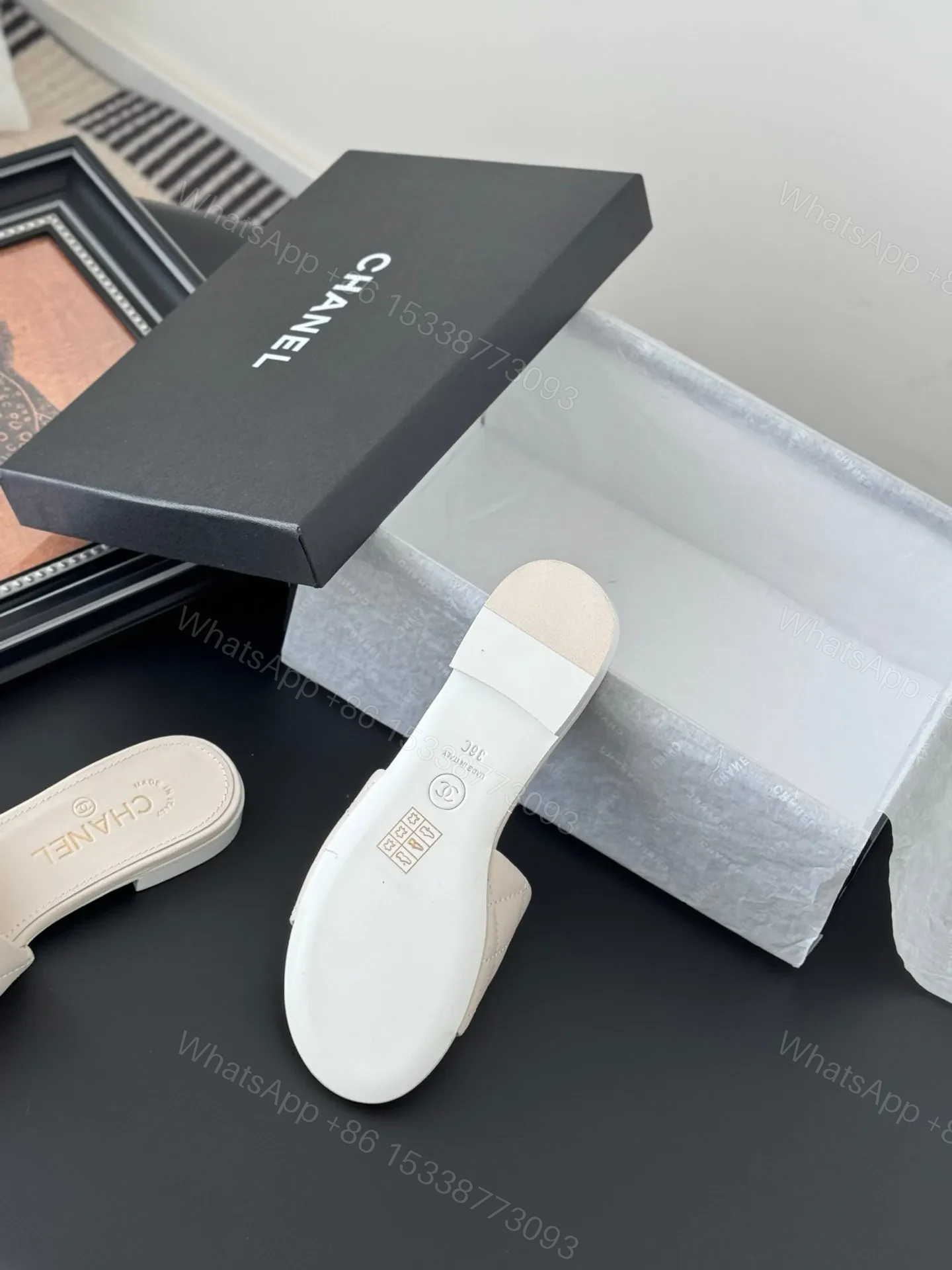 View 4 of Chanel Women Cream Quilted Leather Slides