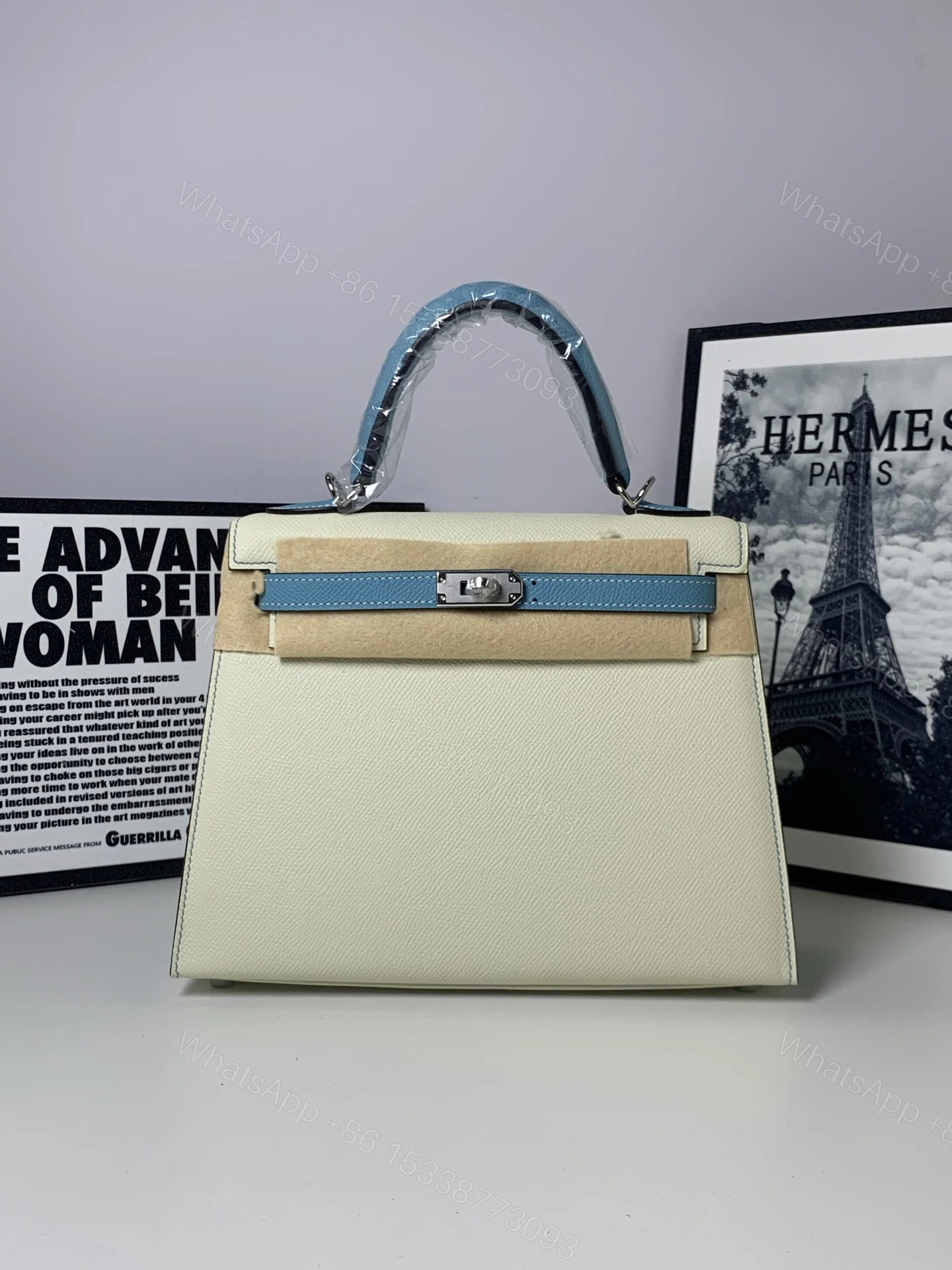原單 Hermes Kelly 25 蓝拼米白手提包 高級質感百搭女包 — view 1