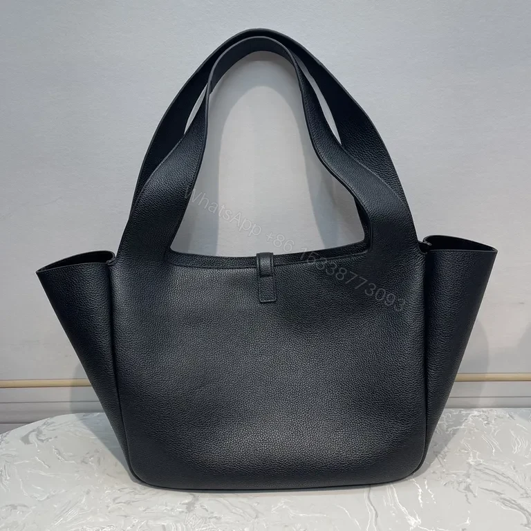 View 4 of Refined Black Leather Tote - Gold YSL Charm, Everyday Luxury Tote