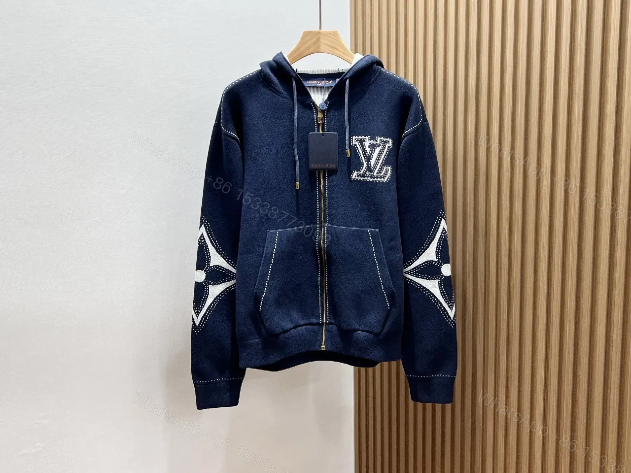 Navy Denim Hoodie Jacket with LV Embroidery – Modern Luxe Outerwear — view 1