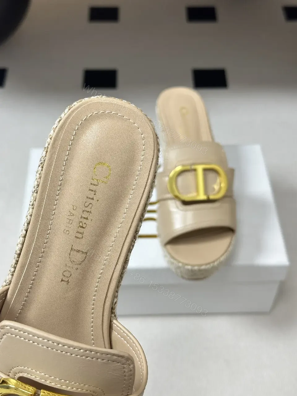 View 4 of Beige Leather Woven Wedge Sandals Dior-Style Gold Buckle Sandal