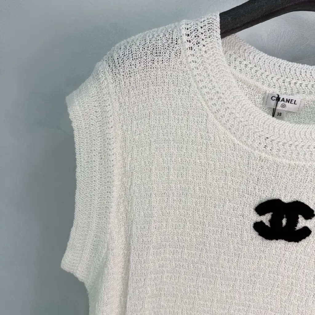 View 3 of White boucle knit relaxed-fit sweater with Chanel logo