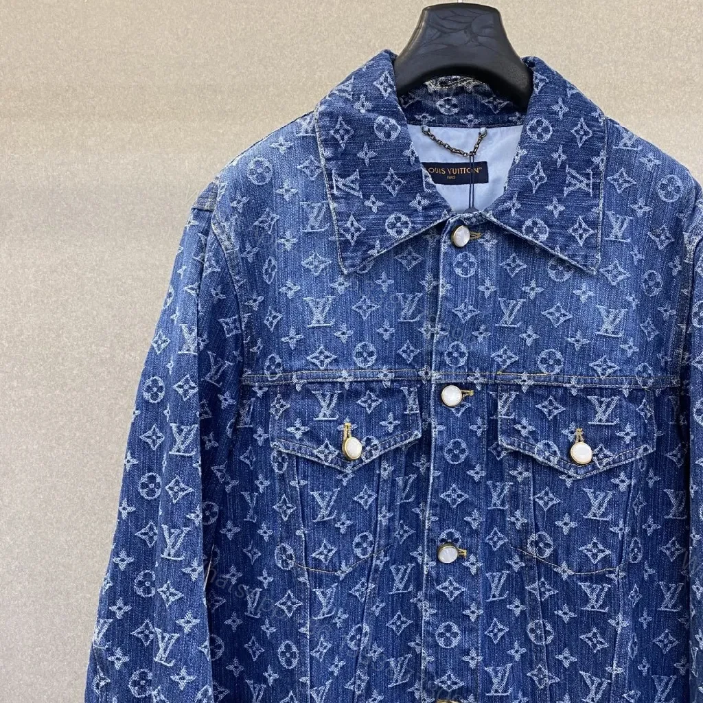 View 8 of Indigo Denim Trucker Jacket with Monogram Detail