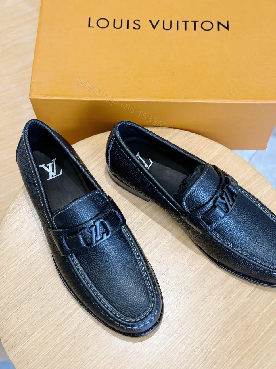 View 7 of Black Leather Loafers Louis-like Logo Comfort Slip-ons