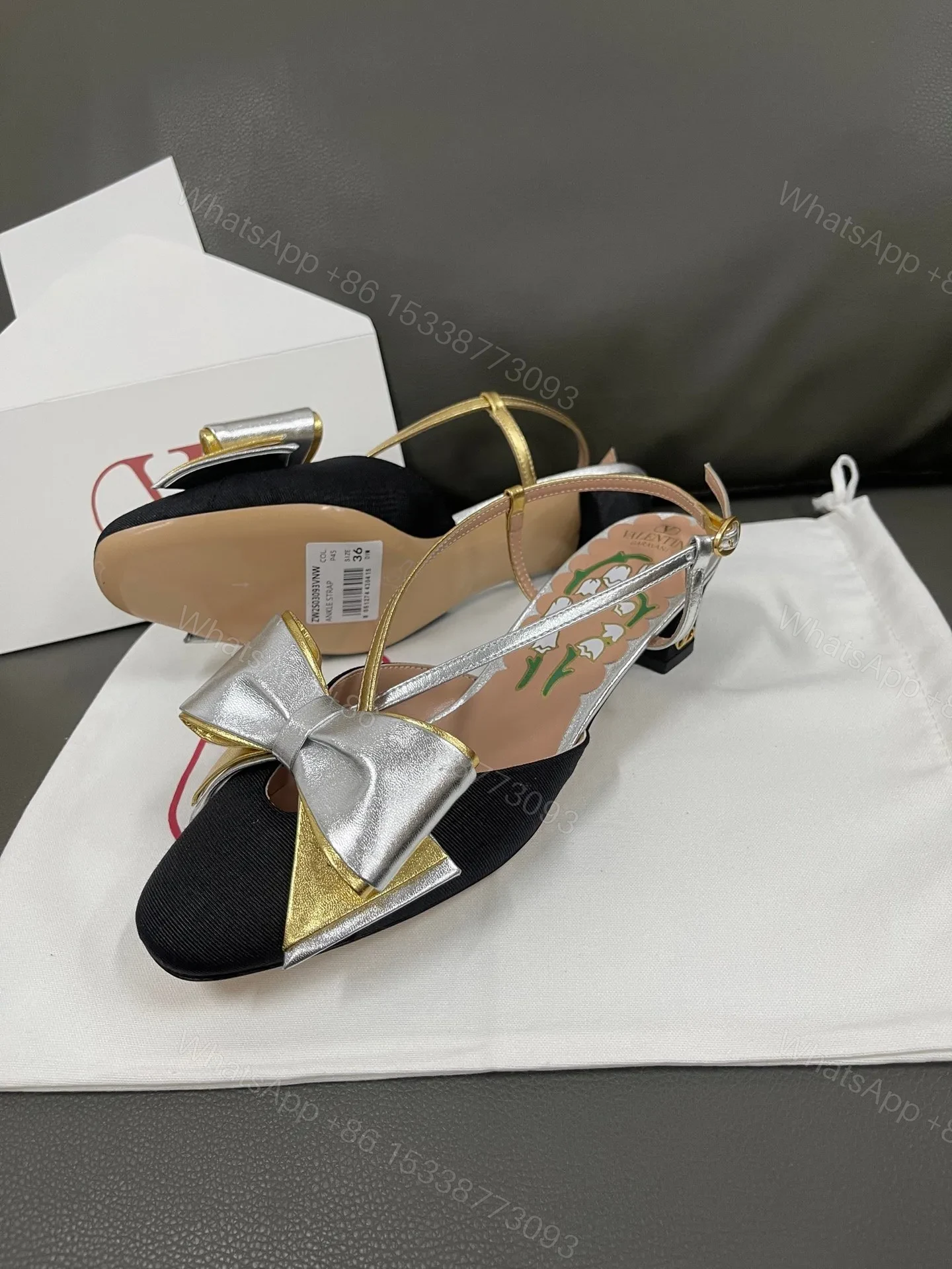 View 2 of Valentino Women Black Satin Silver Gold Leather Heels