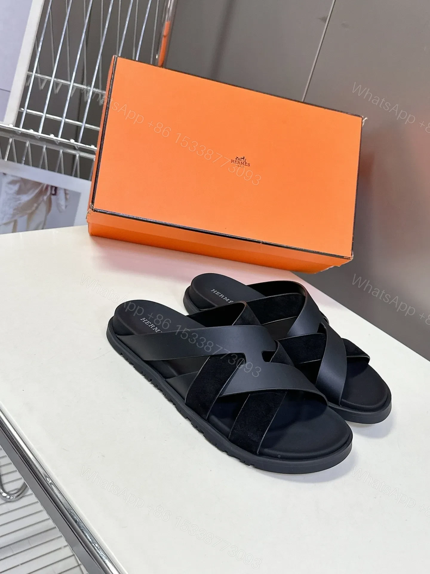 View 3 of Hermes Women Black Leather Suede Sandals
