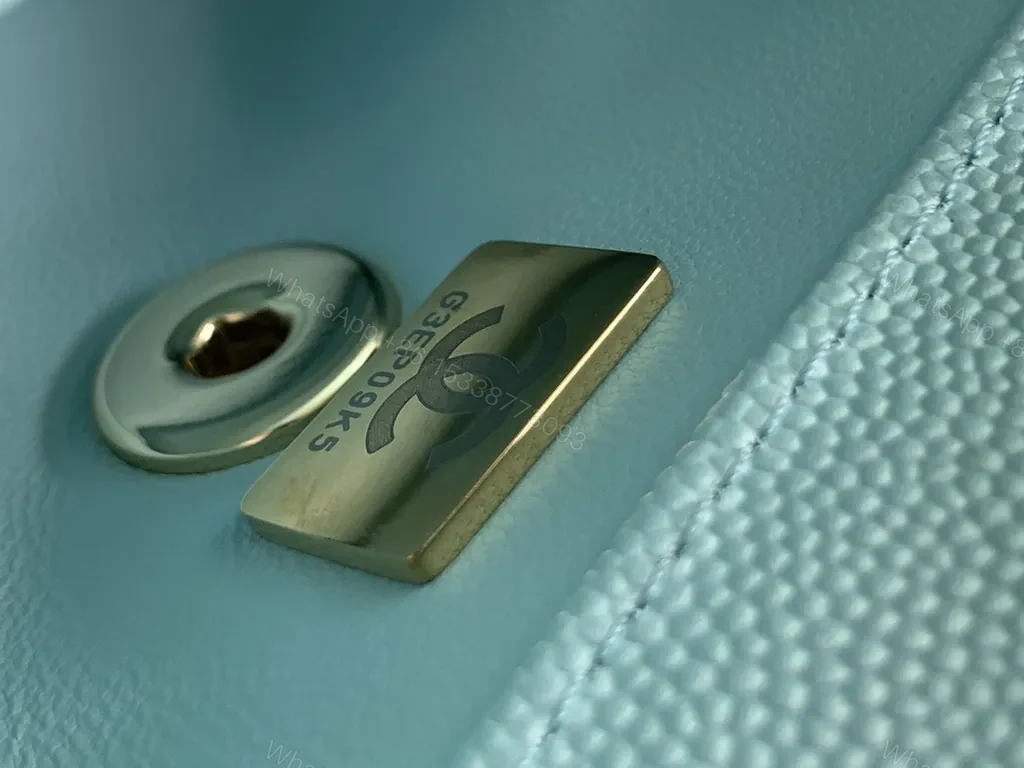 View 4 of Pastel Blue Quilted Bag with Gold CC Accents - Luxe Compact Purse
