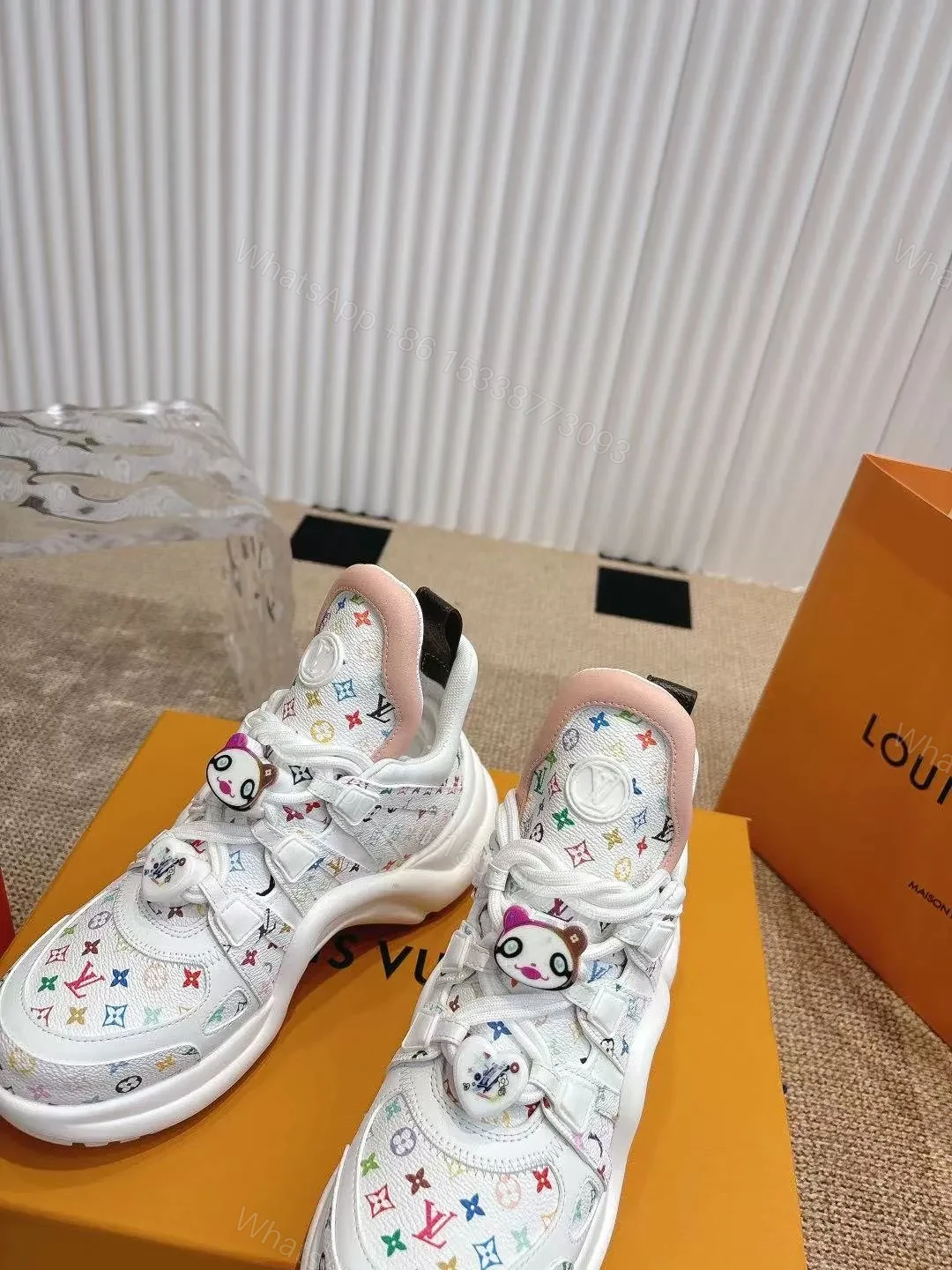 View 2 of LV Women White Leather Multicolor Logo Sneakers