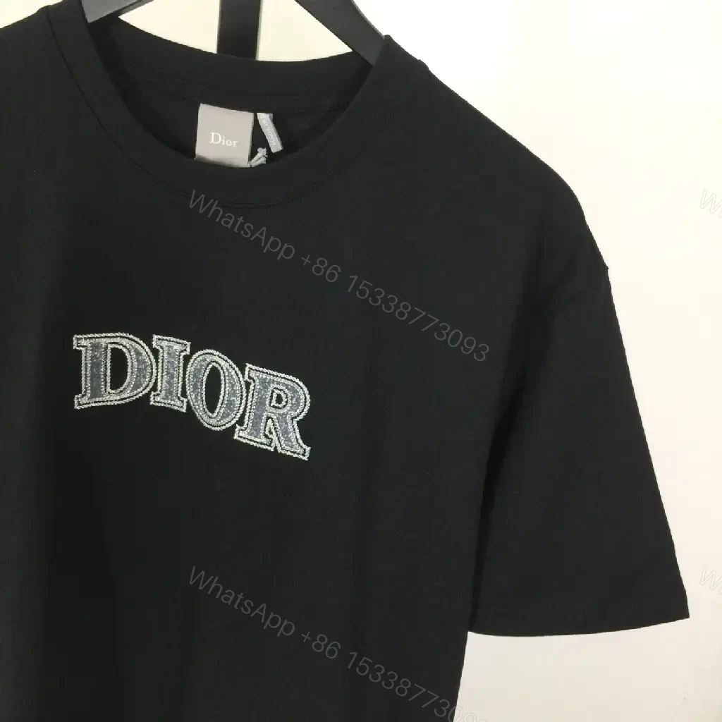 View 7 of Black Crew Neck Tee with Bold Dior Stitch Logo Short-Sleeve T-Shirt