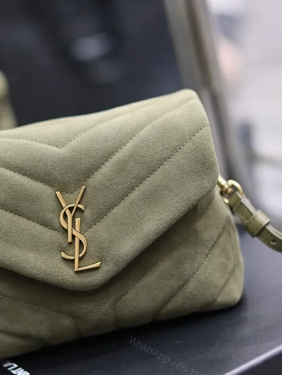 View 2 of Olive Suede Quilted Crossbody with Gold YSL Logo