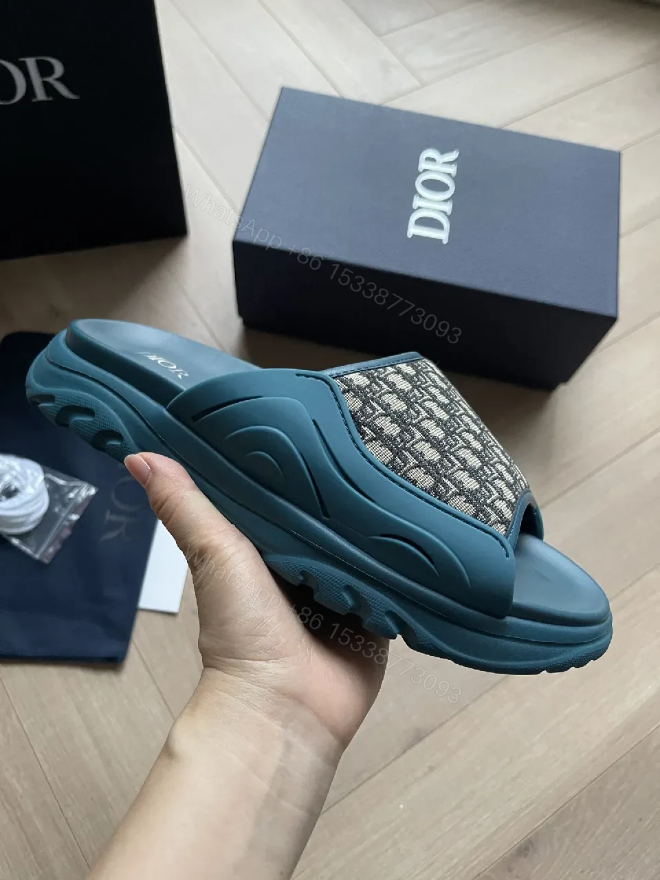 View 3 of Teal-Monogram Textile Slides: Luxe Comfort Footbed