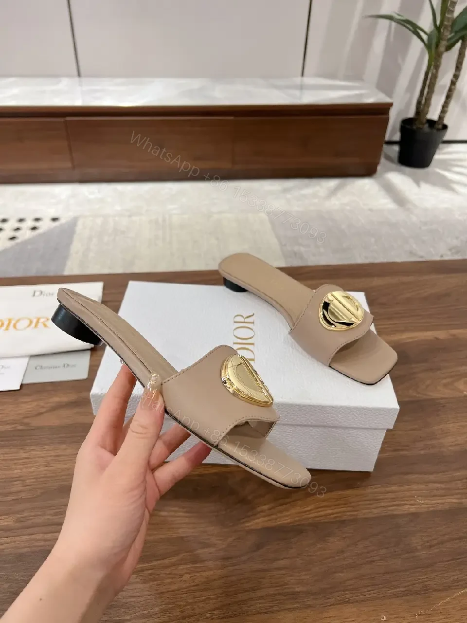 View 10 of Beige Leather Slide Sandals with Gold Logo Buckle, Dior Style