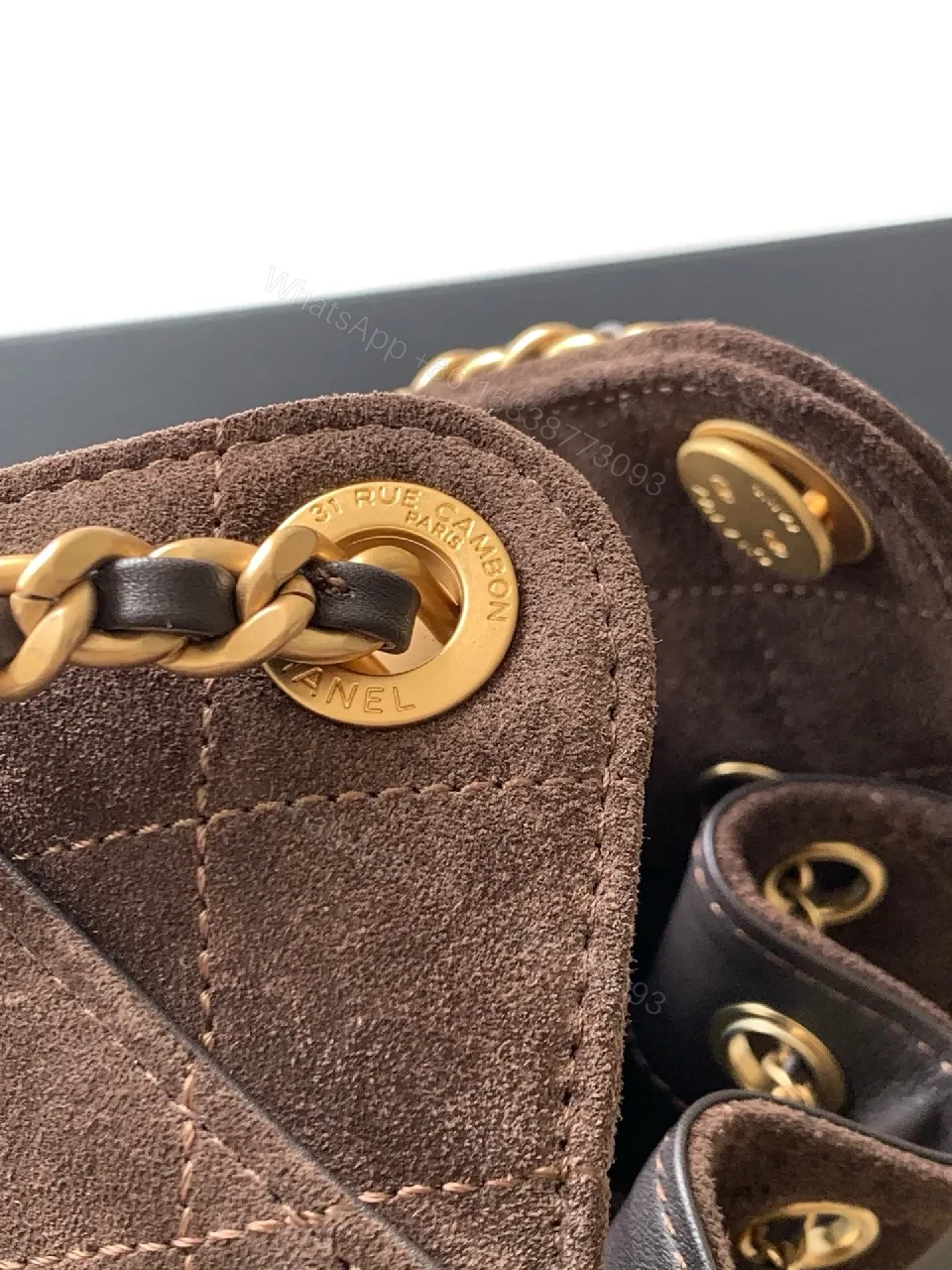 View 6 of Brown Velvet Quilted Shoulder Bag with Gold Chain