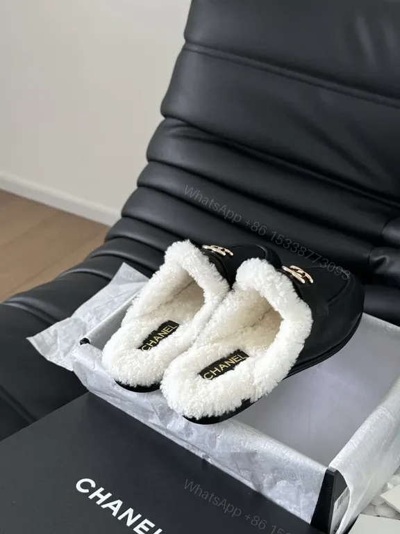 View 2 of Chanel-Inspired Black Leather Mules with Shearling Lining