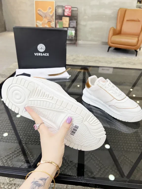 View 3 of White Leather Luxe Sneaker with Gold Accents, Versace-Inspired