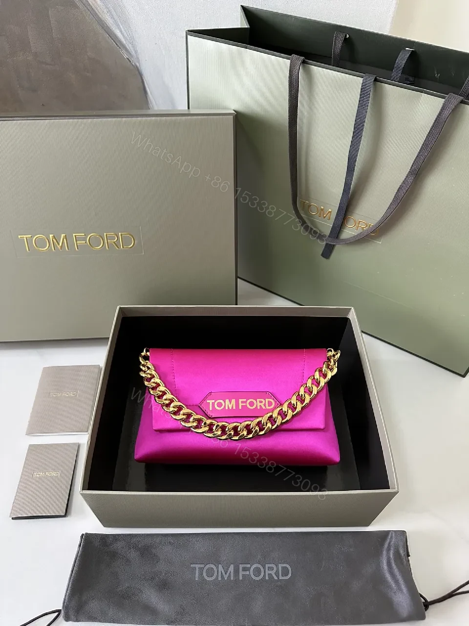 Pink Leather Clutch + Gold Chain + Luxury Modern + Bold Statement + Clutch — view 1