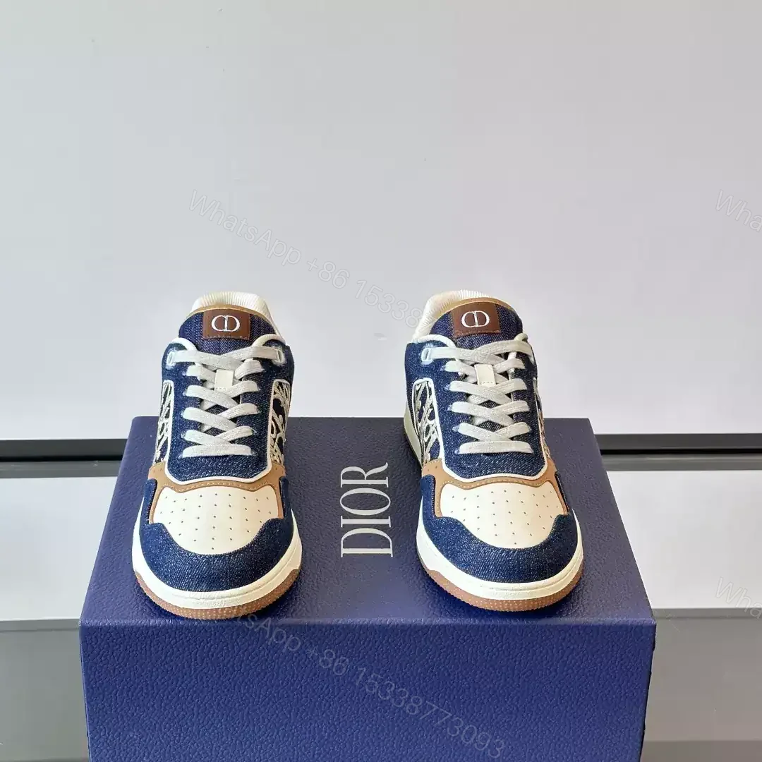 View 3 of DIOR B27 UPTOWN SNEAKERS BLUE DENIM WITH BEIGE AND COGNAC SMOOTH CALFSKIN – CD216