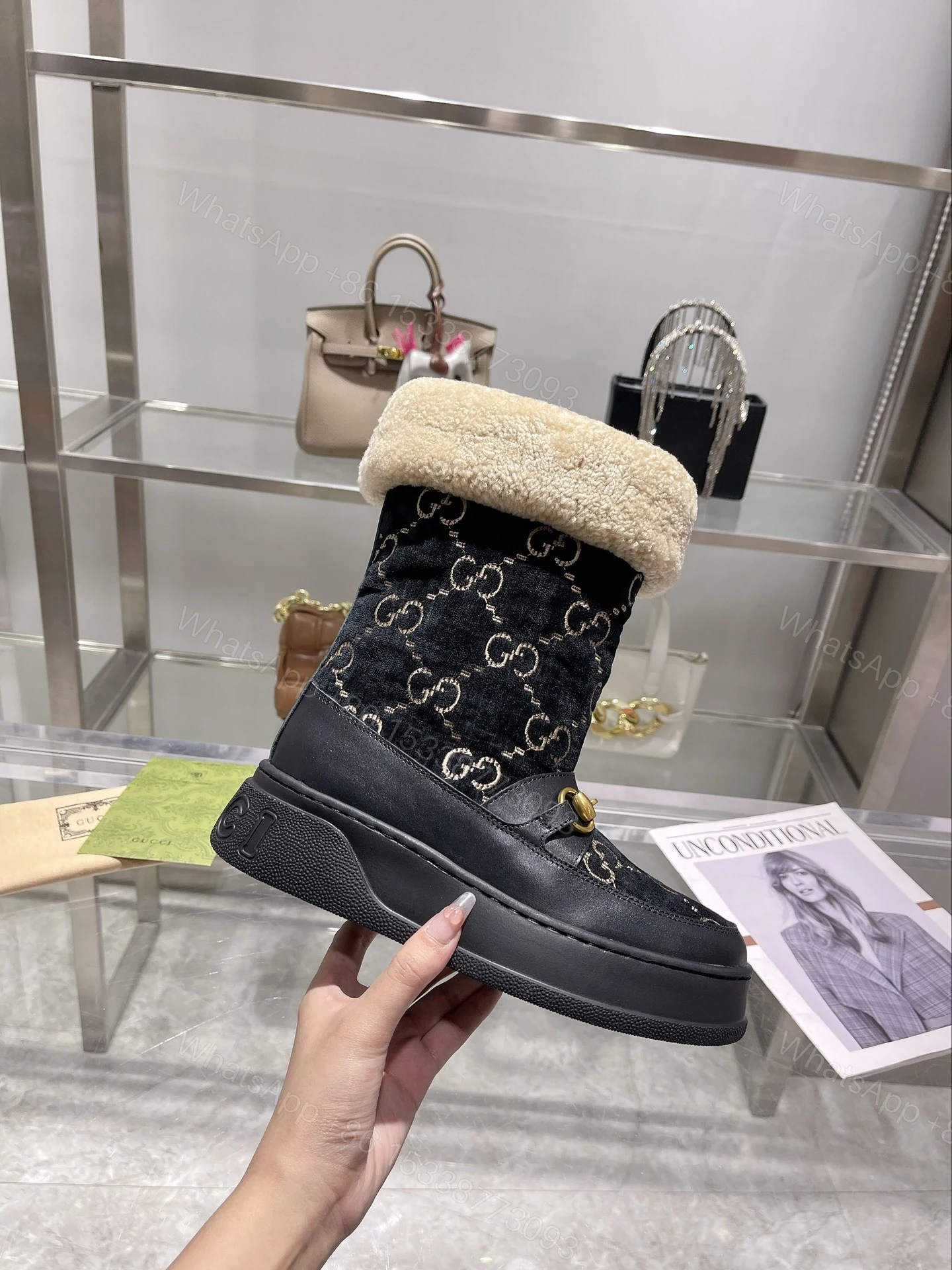 View 6 of GUCCI 1955 HORSEBIT SNOW BOOTS VELVET FABRIC BLACK