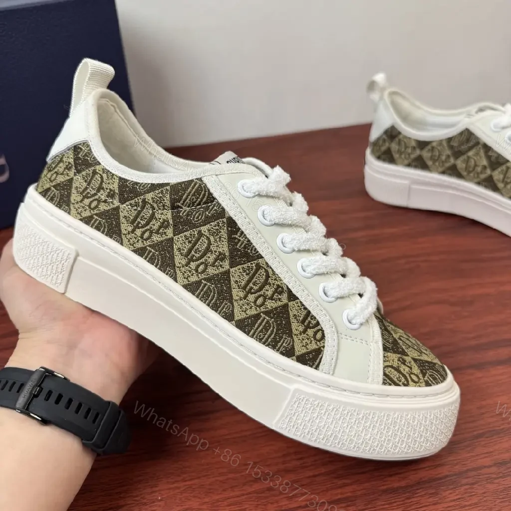 View 10 of Beige-White Dior-Style Canvas Platform Sneakers