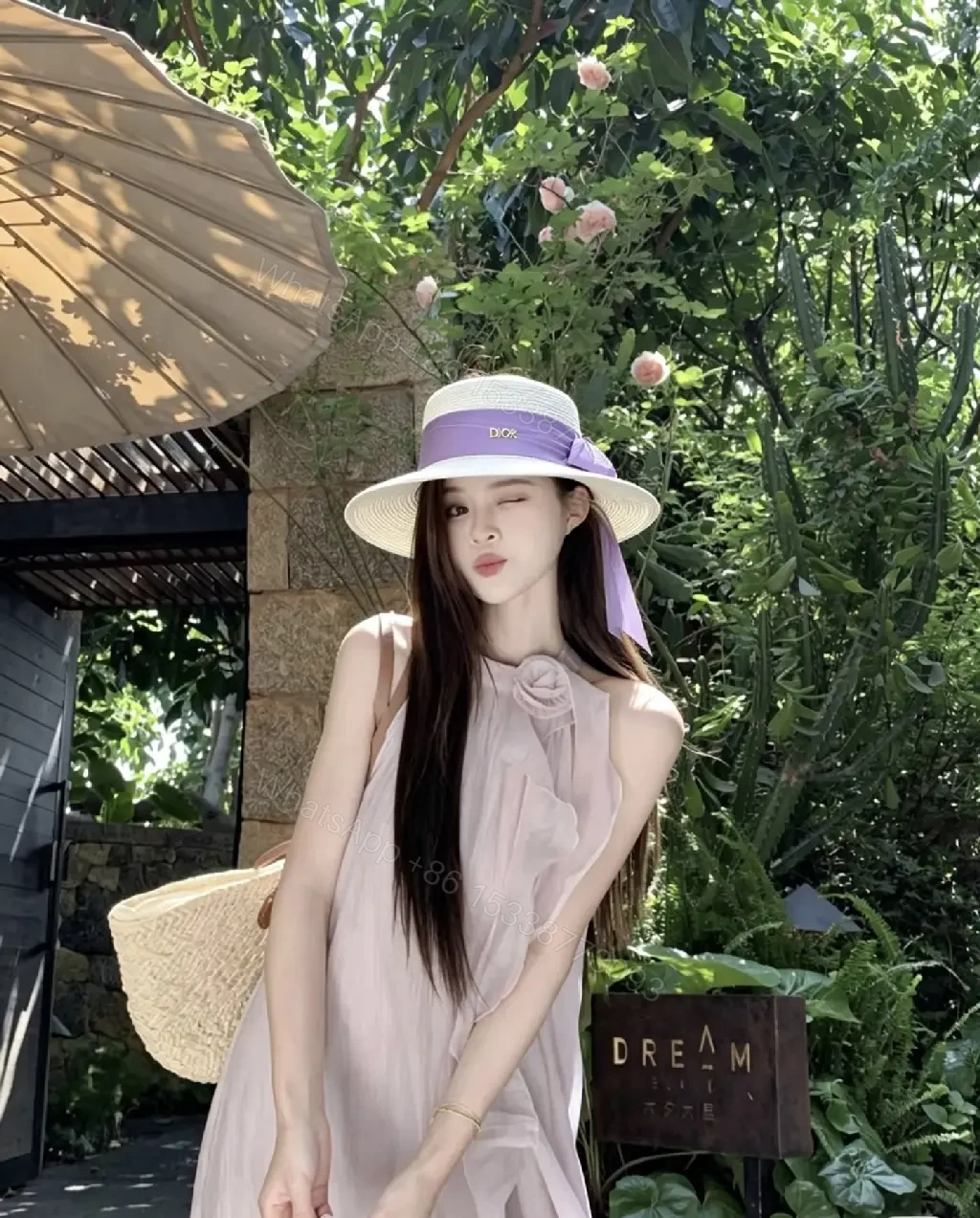 View 9 of Black Straw Hat Wide-Brim Bow Ribbon Dior Charm hat
