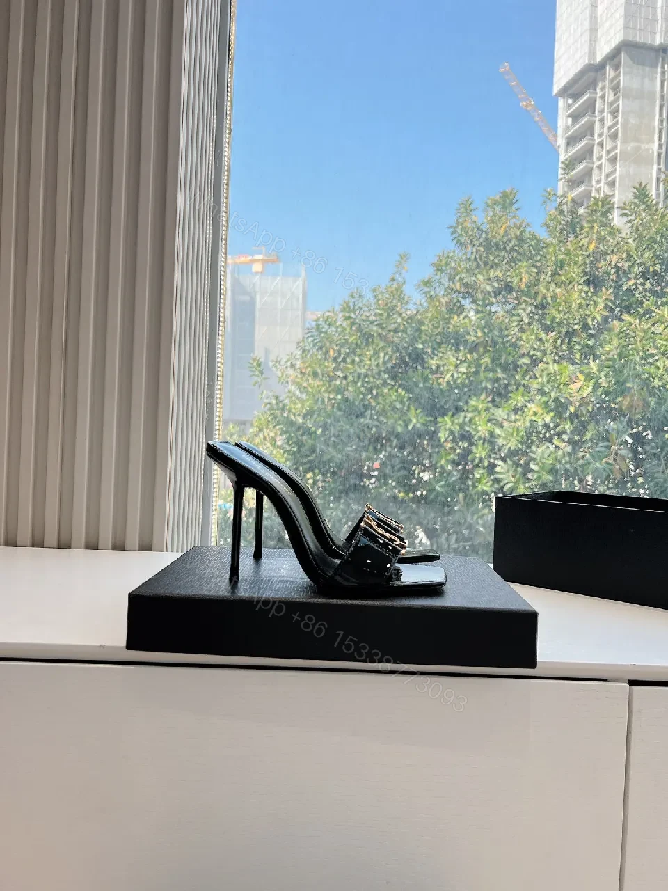 View 6 of Glossy Black Patent Heels with Gold Hardware Mules