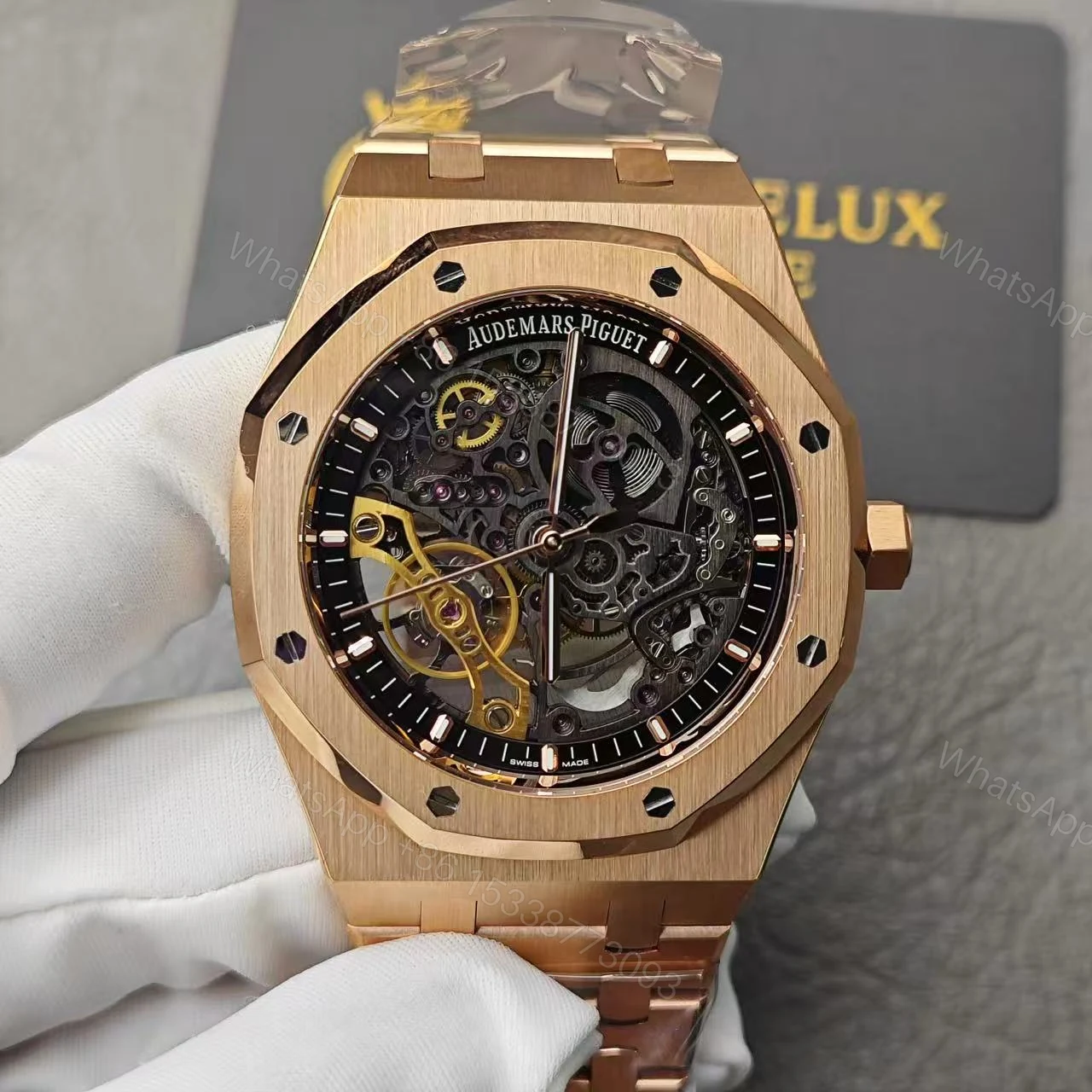 View 2 of Audemars Piguet Royal Oak Skeleton Rose Gold Ref15407 Super Clone Replica
